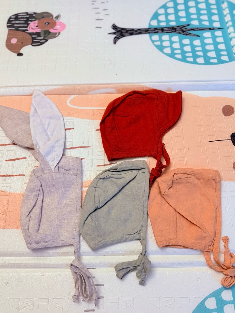 Briar Baby Bonnet Set 6-12 mos, Bunny Gray, Burnt Orange, Sage Green and Peach